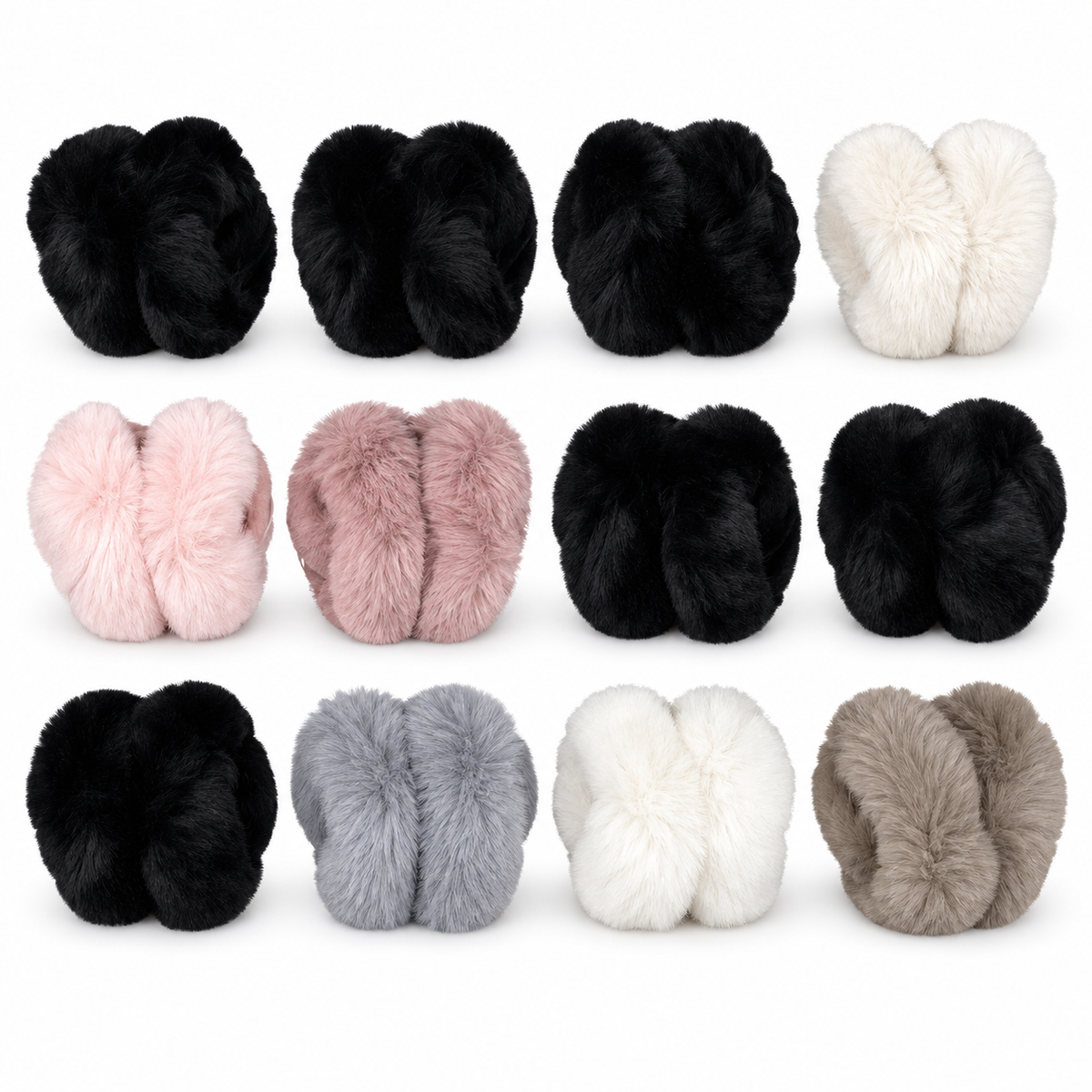 Twelve folded plush earmuffs: six black, two white, and one each gray, light pink, dusty rose and taupe.