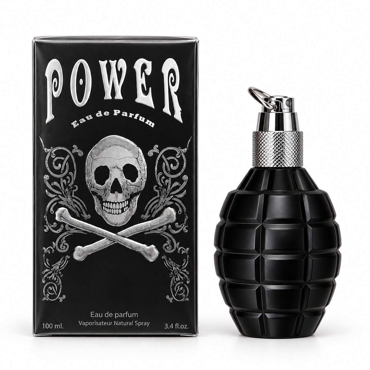Power Eau de Parfum – 100 ml bottle standing beside its matching box on a white background