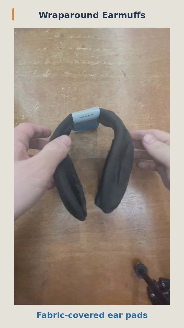 Wraparound earmuffs video showing fabric-covered ear pads, flexible band and worn fit, followed by the assorted dozen.