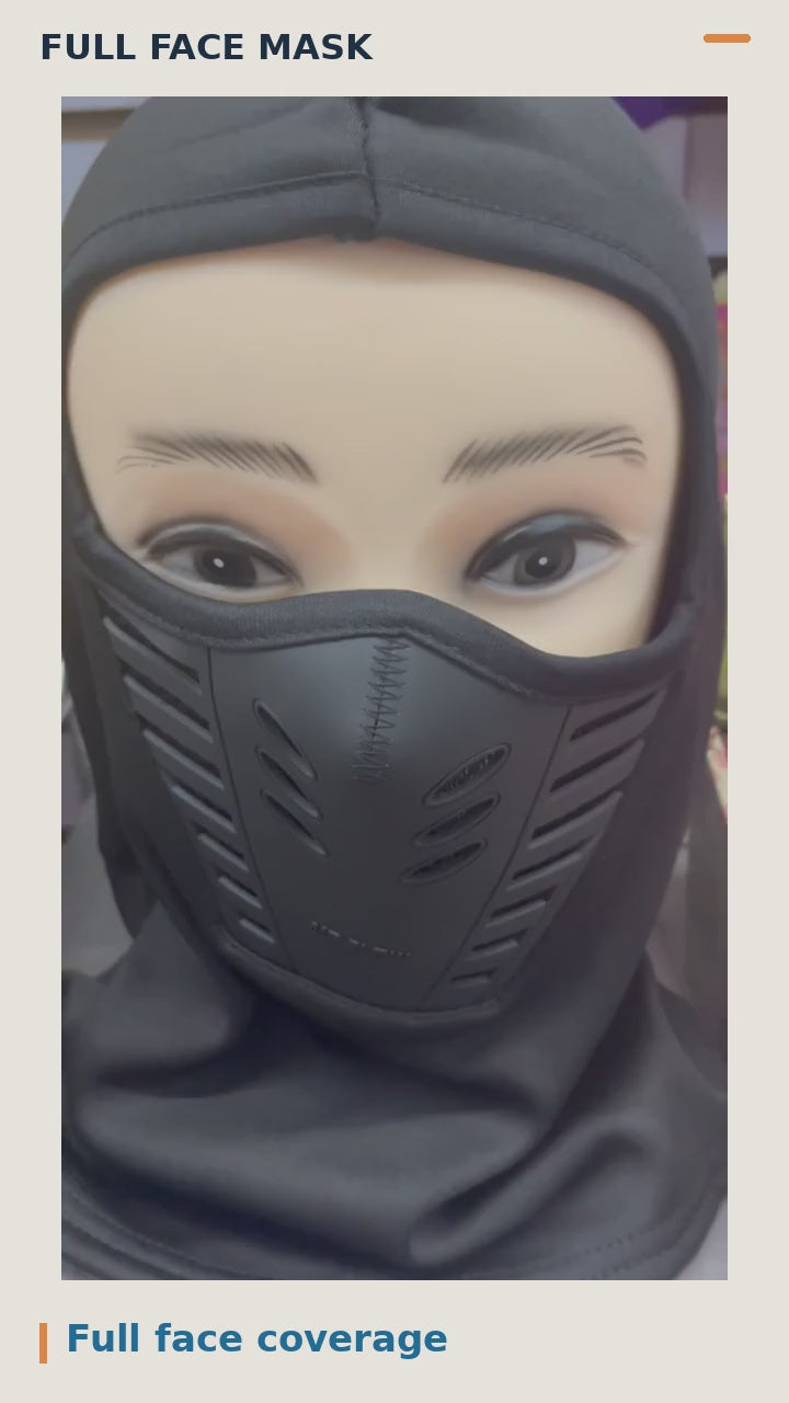 Full face mask demonstration with black and camouflage color options.