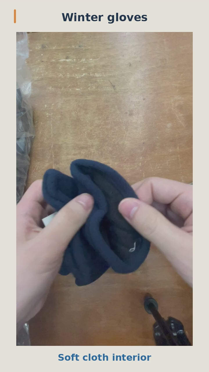 Winter cloth gloves: interior, adjustable wrist strap and finger movement, followed by the color assortment. 12-second silent product video.