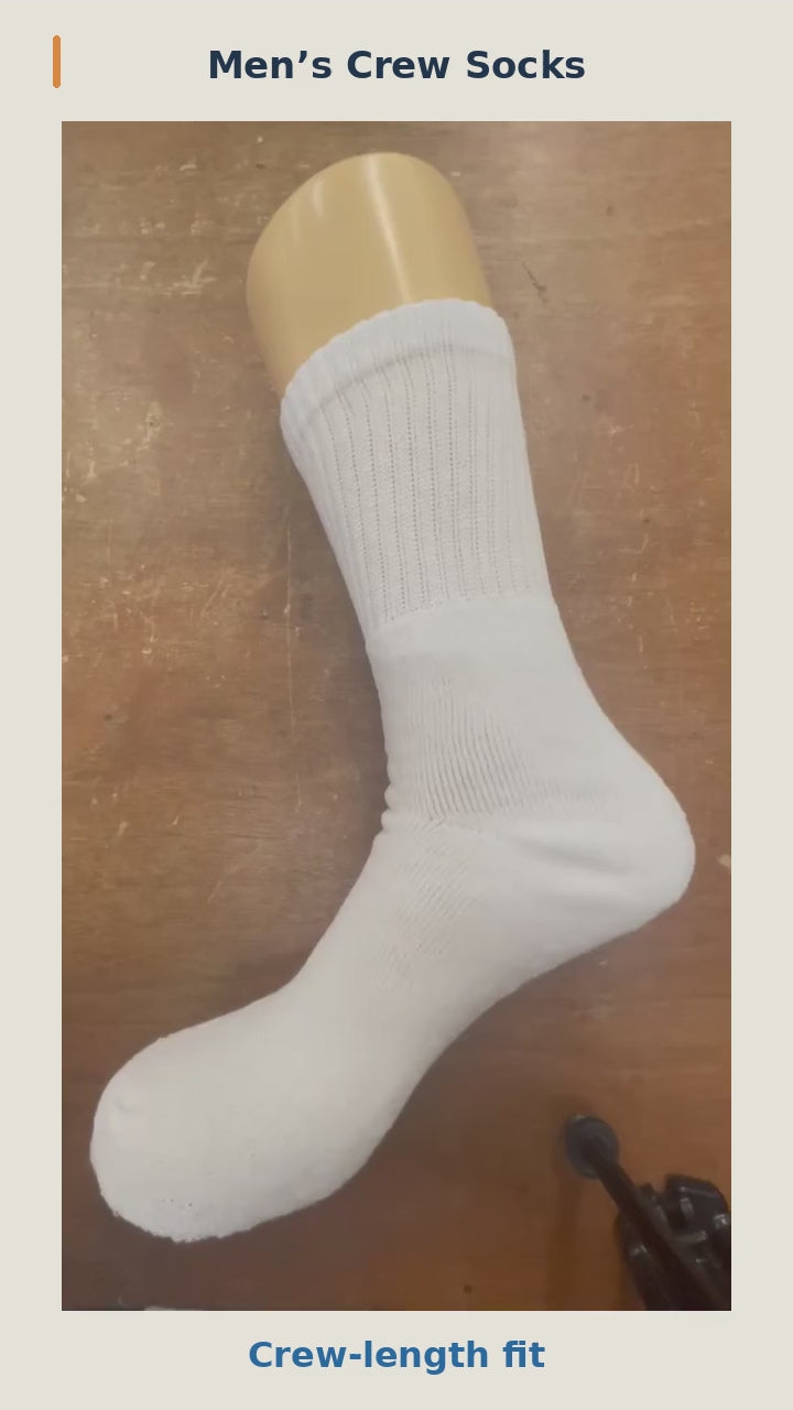 Men's crew socks: natural-speed crew fit, stretch demonstration, and ribbed cuff and interior details, followed by available color and pattern options. 12-second silent product video.