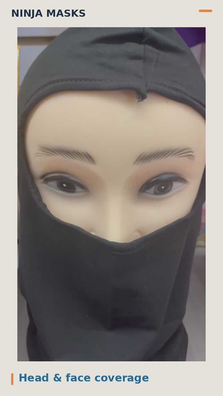 Ninja mask demonstration with fabric stretch, detail and interior view; black 12-pack.