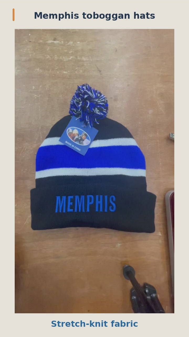 Memphis toboggan hats: knit stretch, soft lining, Memphis lettering and pom-pom, followed by the color assortment. 12-second silent product video.