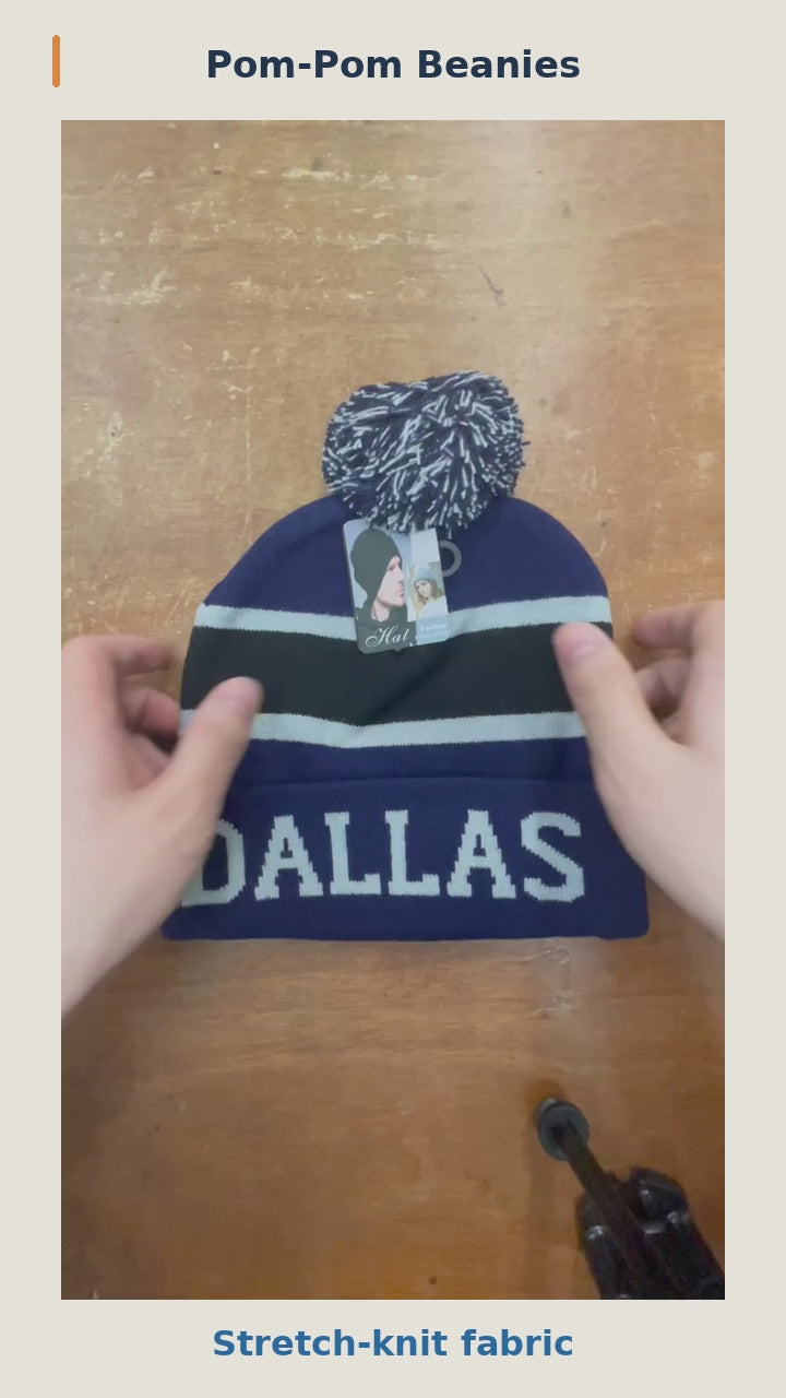 Pom-pom beanies: natural-speed knit stretch, cuff and interior, and Dallas design on a mannequin, followed by all six design assortments. 12-second silent product video.