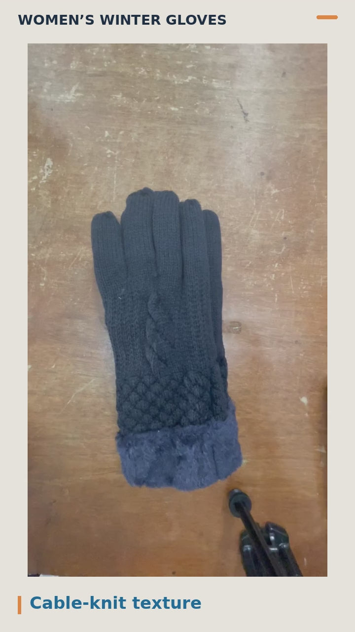 Women's winter gloves demonstration: cable-knit texture, fuzzy cuffs and fit, followed by six colors and wholesale dozen details.
