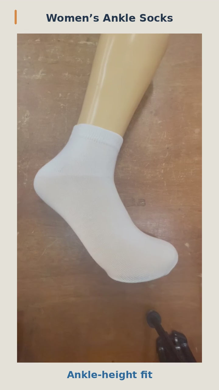 Women's ankle socks: natural-speed ankle fit, stretch demonstration, and cuff and knit details, followed by available color and pattern options. 12-second silent product video.