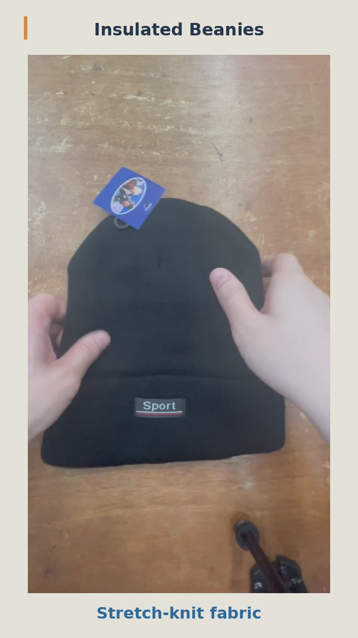 Insulated beanies: natural-speed stretch-knit demonstration, soft inner lining, and folded cuff and Sport label on a mannequin, followed by the color assortment. 12-second silent product video.