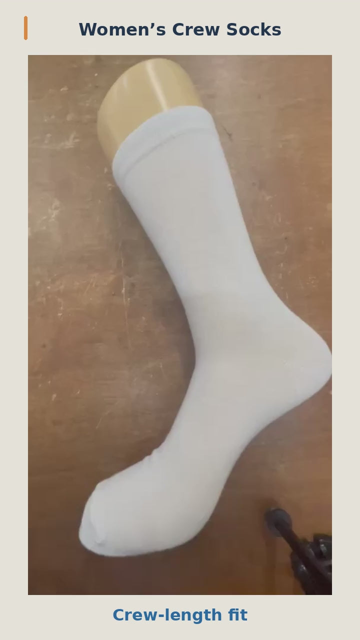 Women's crew socks: natural-speed crew fit, stretch demonstration, and cuff and interior details, followed by available colors and patterns. 12-second silent product video.