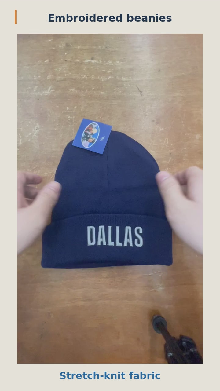 Embroidered city beanies: knit stretch, cuff and interior, and Dallas embroidery on a mannequin, followed by the 12 design assortments. 12-second silent product video.