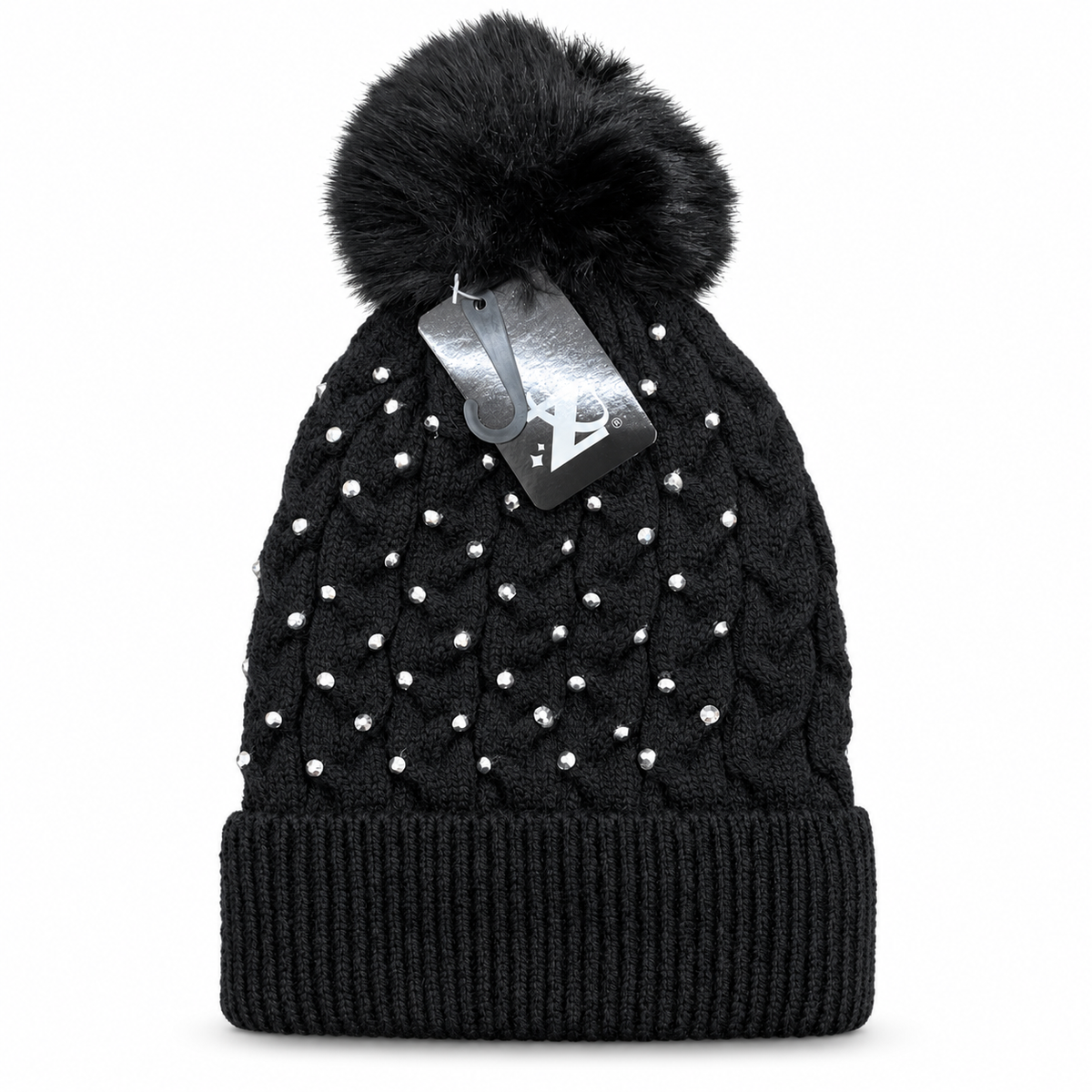 Black rhinestone cable-knit beanie with ribbed cuff and fluffy pom-pom, front view.