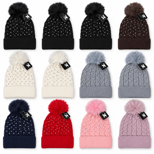 Assorted dozen rhinestone pom-pom beanies: three black, two ivory, two gray, and one each brown, navy, red, pink and lavender.