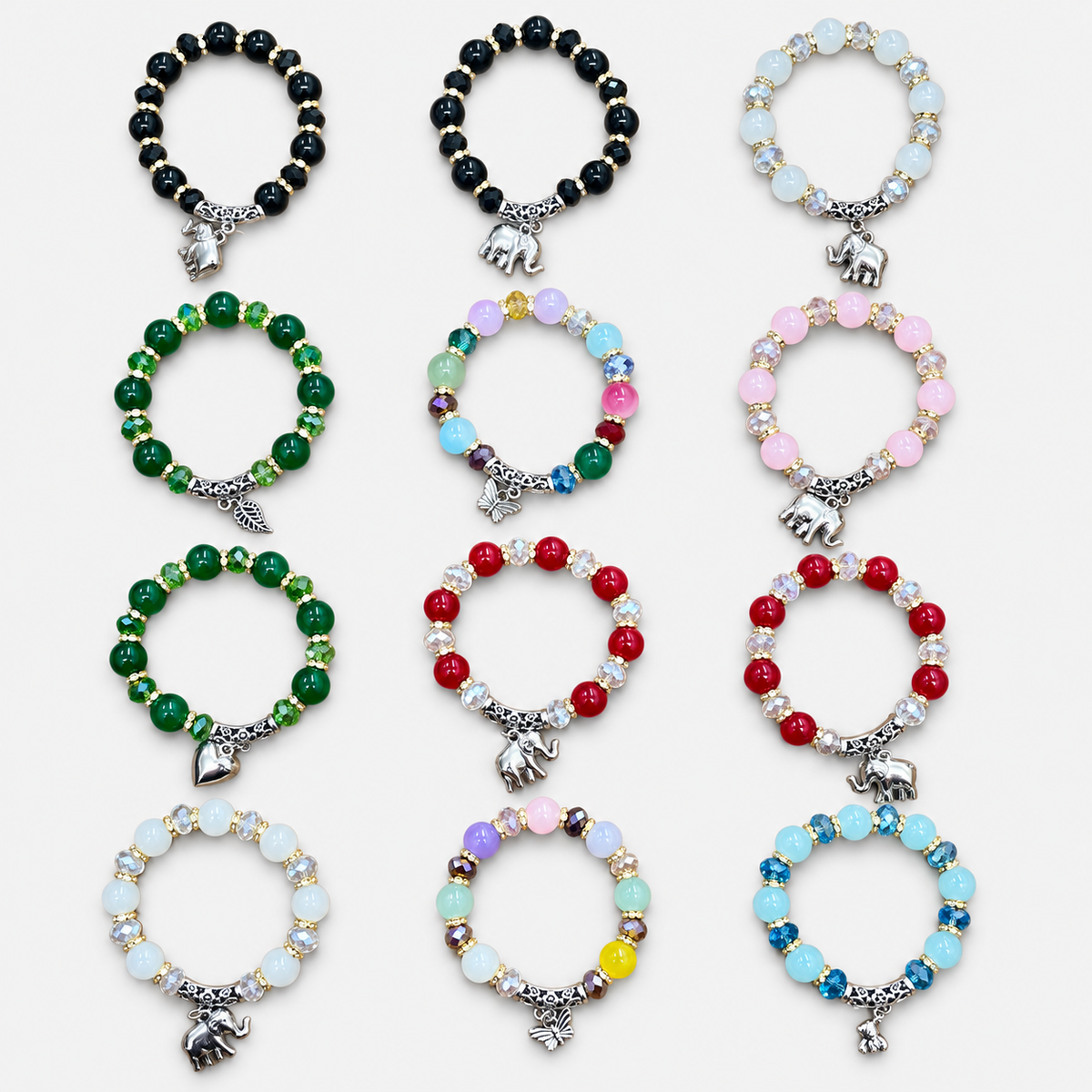 Complete 12-bracelet assortment of round bead charm bracelets: 2 black, 2 milky white, 2 green, 2 multicolor, 1 lavender, 2 red and 1 aqua.