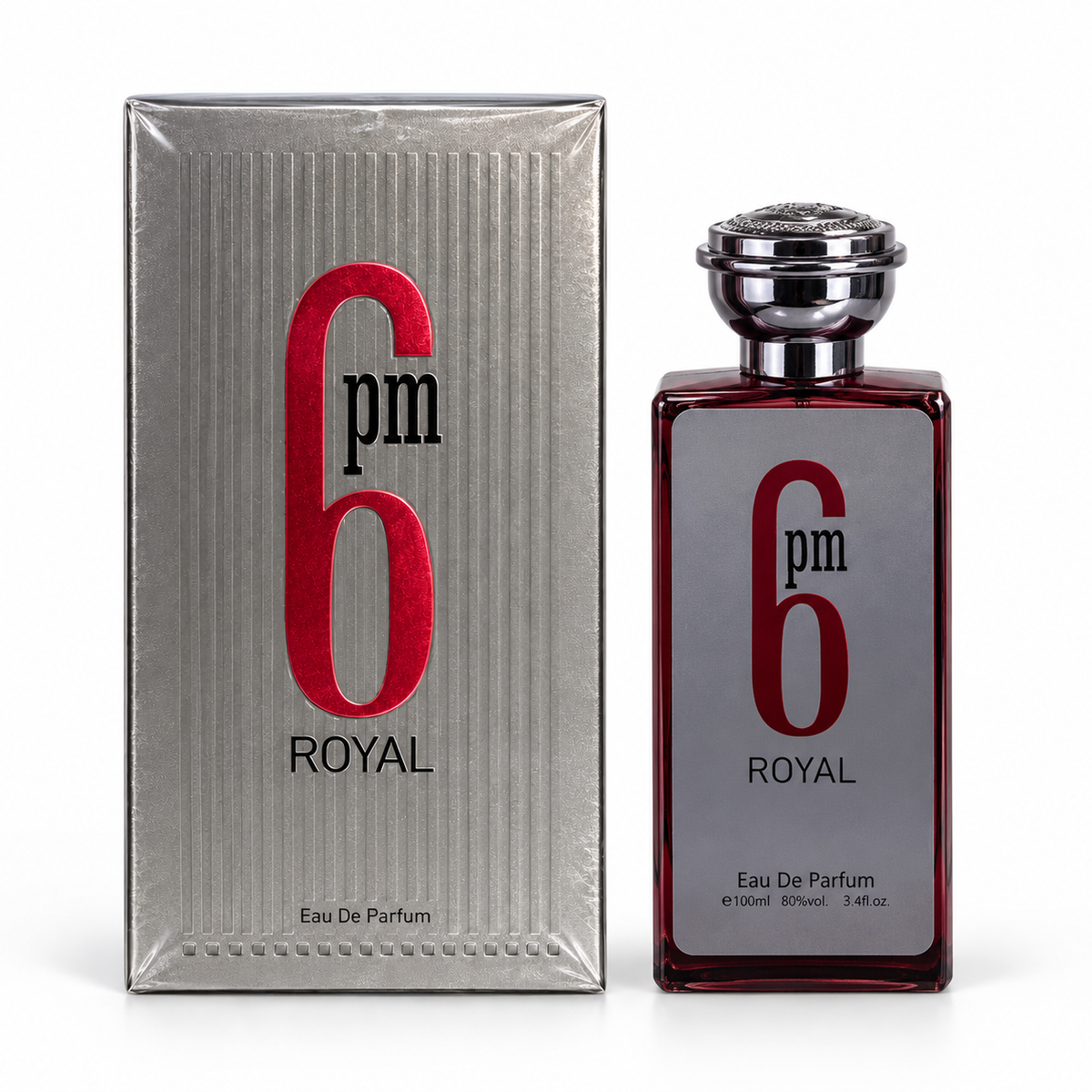 6 PM Royal Eau de Parfum – 100 ml bottle standing beside its matching box on a white background
