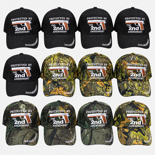 Twelve 2nd Amendment embroidered caps in a combined assortment on a light gray background