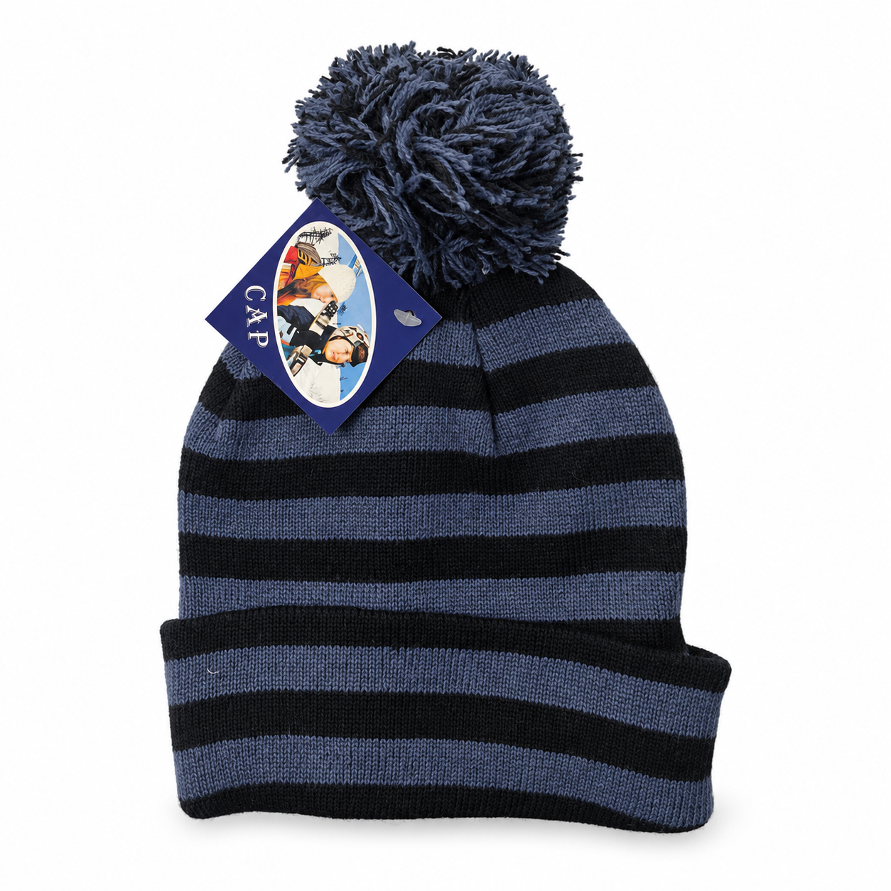 Striped pom-pom knit beanie in gray and black