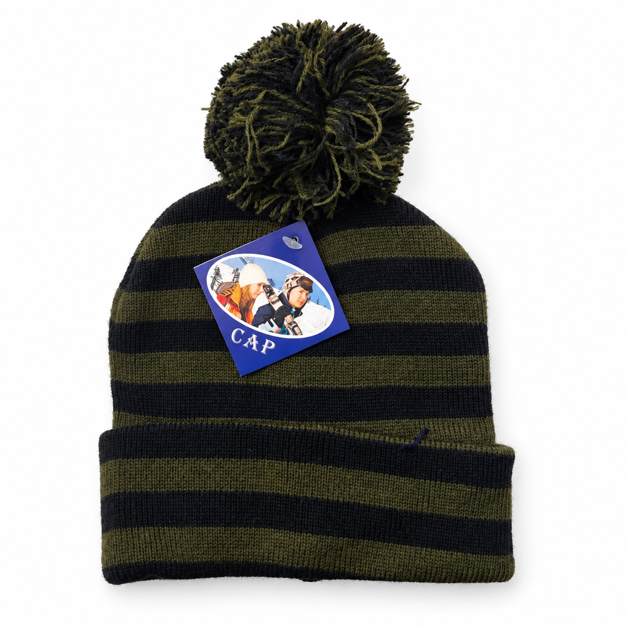 Striped pom-pom knit beanie in olive and black