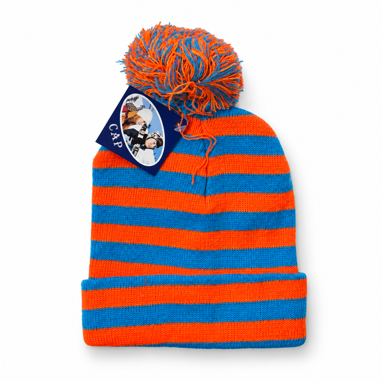 Striped pom-pom knit beanie in orange and blue