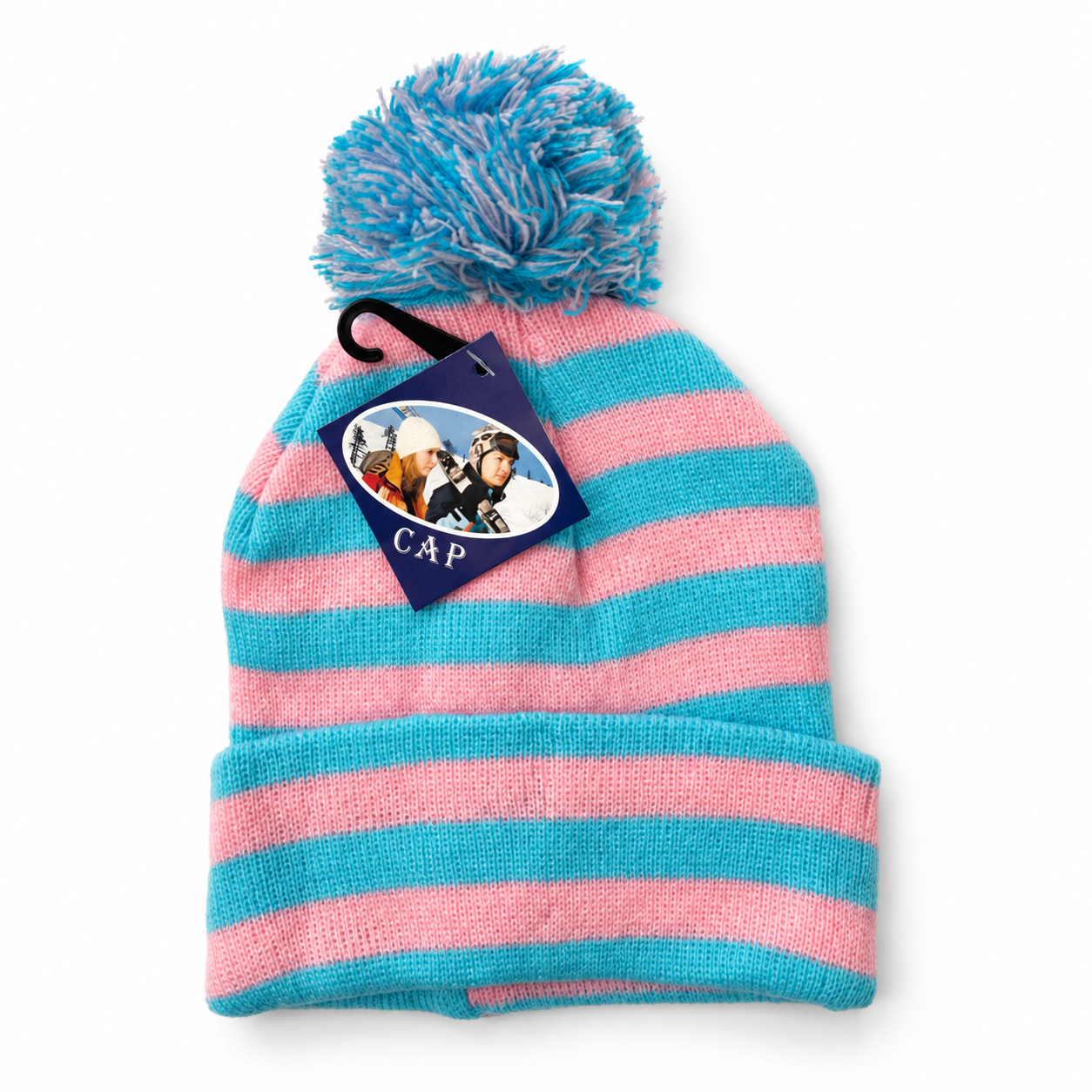 Striped pom-pom knit beanie in pink and aqua