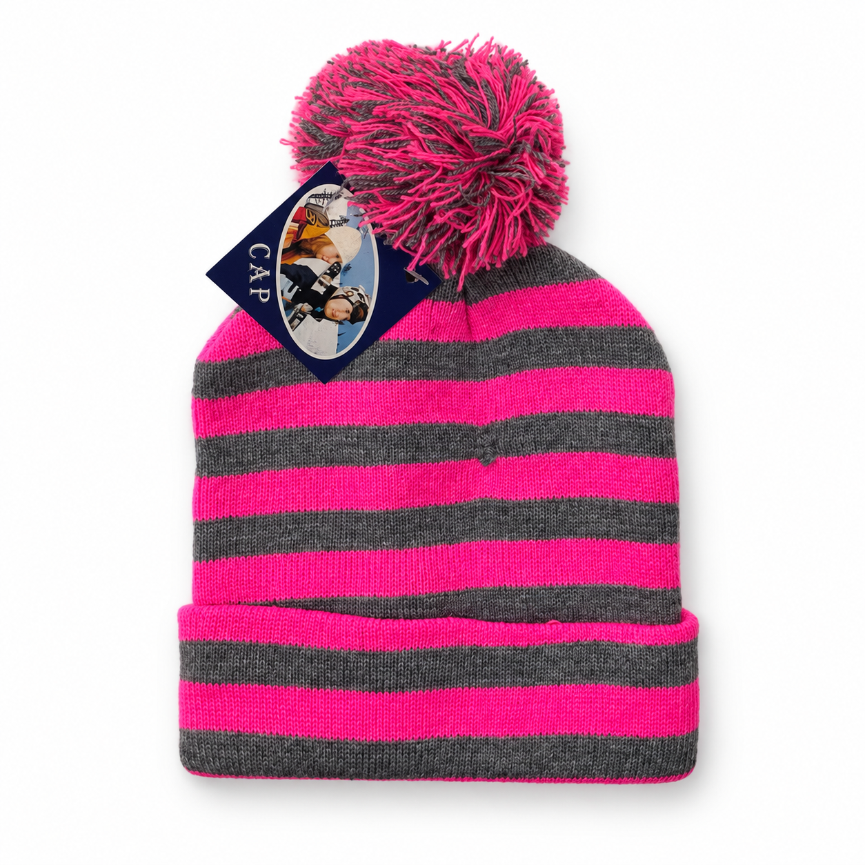 Striped pom-pom knit beanie in pink and gray