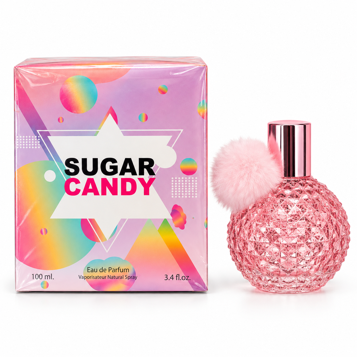 Sugar Candy Eau de Parfum – 100 ml bottle standing beside its matching box on a white background