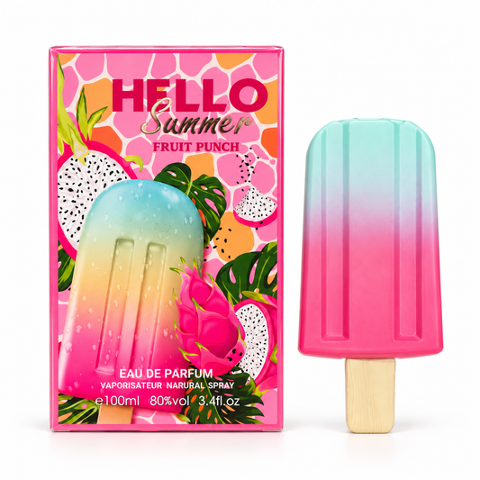 Hello Summer Fruit Punch Eau de Parfum – 100 ml bottle standing beside its matching box on a white background