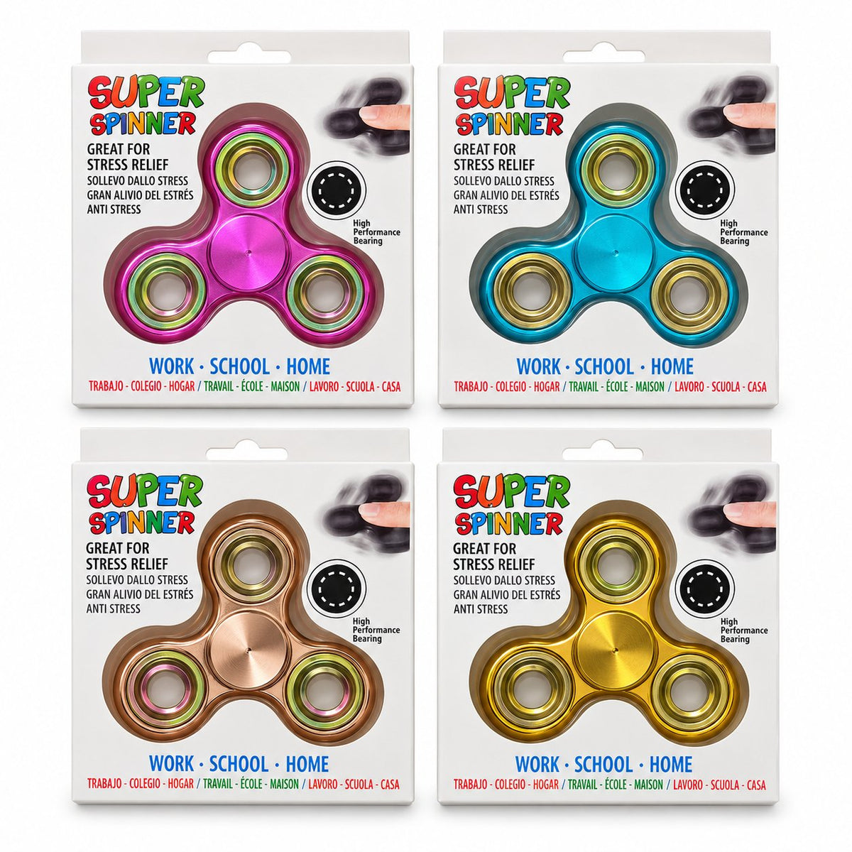 Individually packaged Super Spinners in pink, turquoise, rose gold and gold