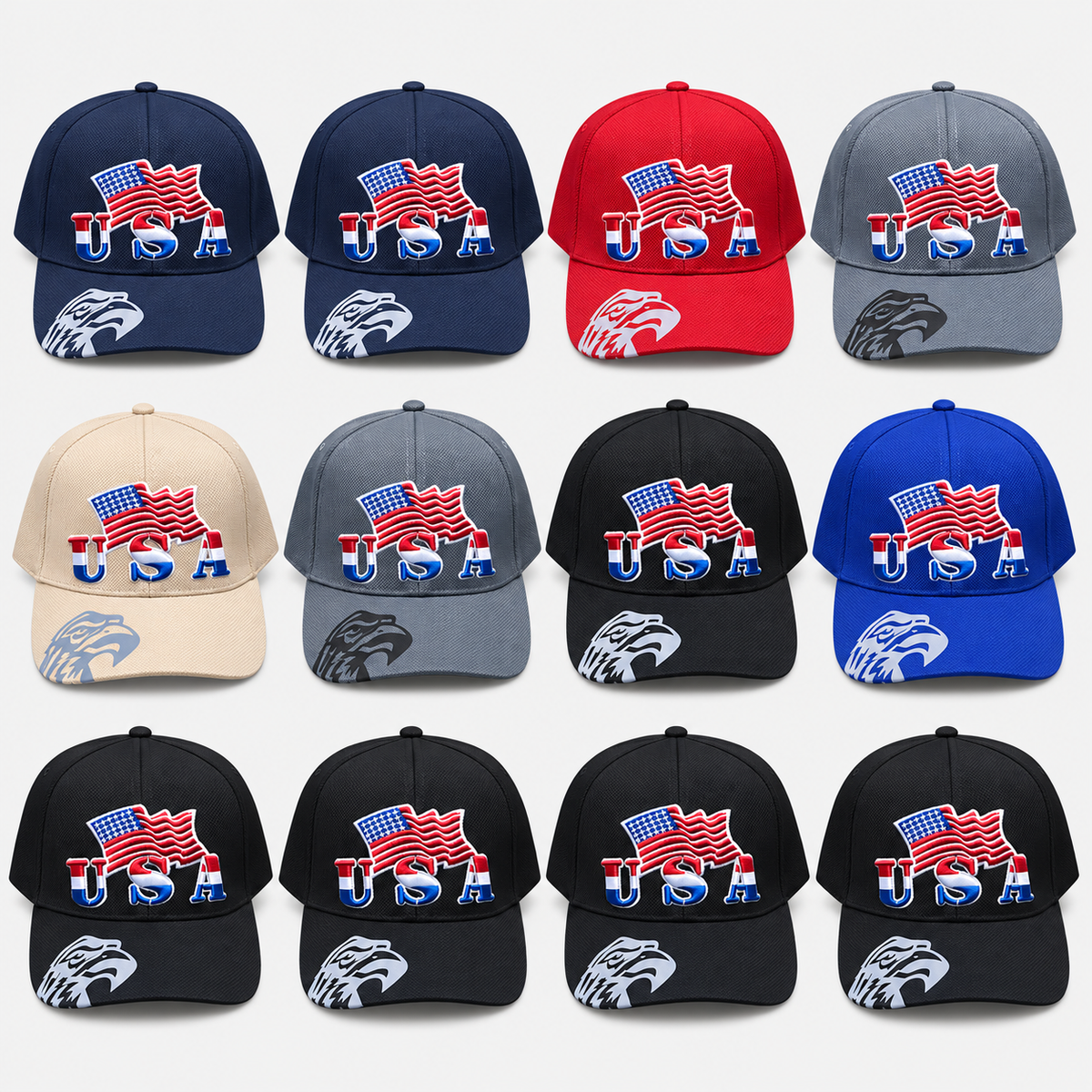 Twelve USA flag embroidered eagle-brim caps in navy, red, gray, beige, black and royal blue on a light gray background