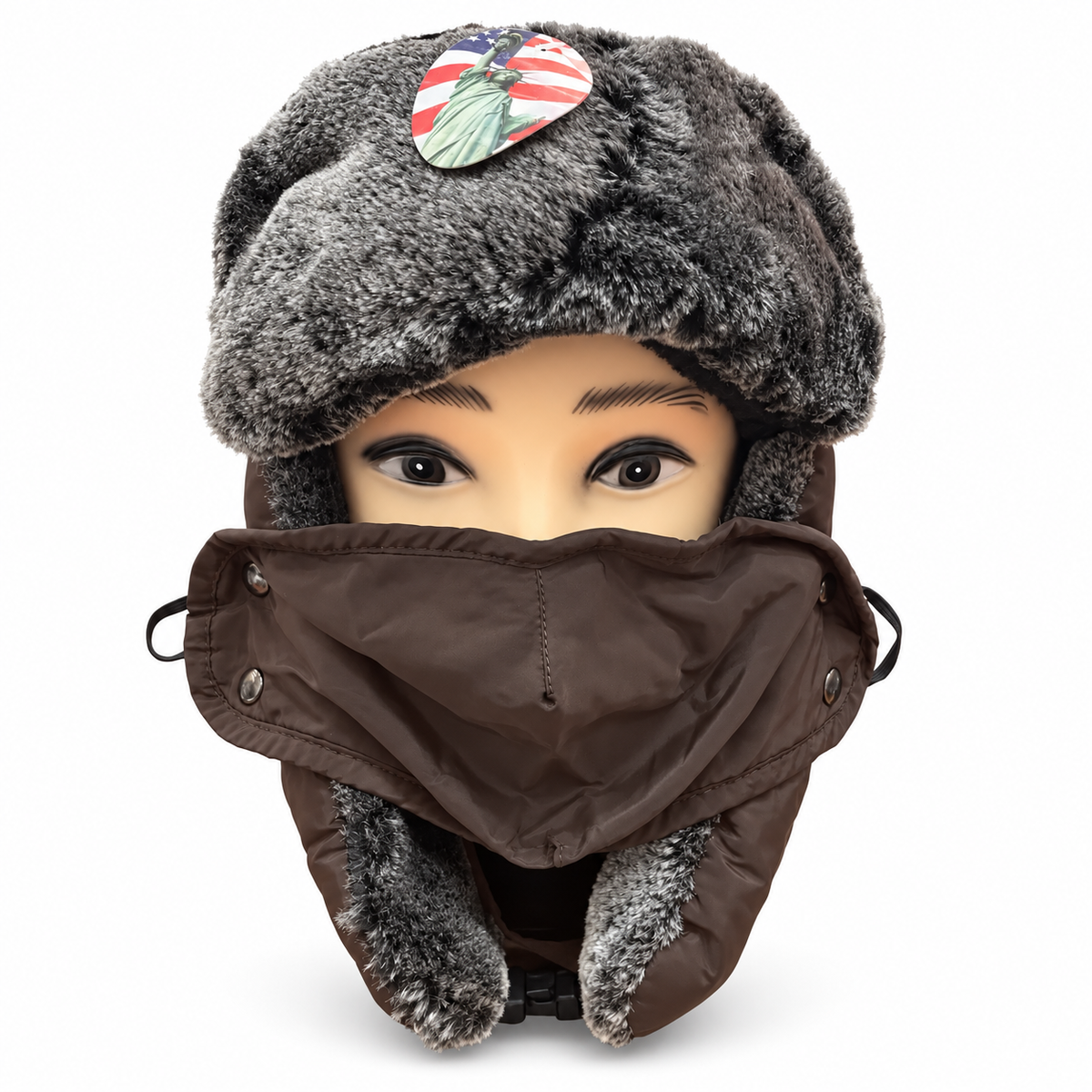 Ushanka hat with brown face covering and gray furry trim on a mannequin, front view