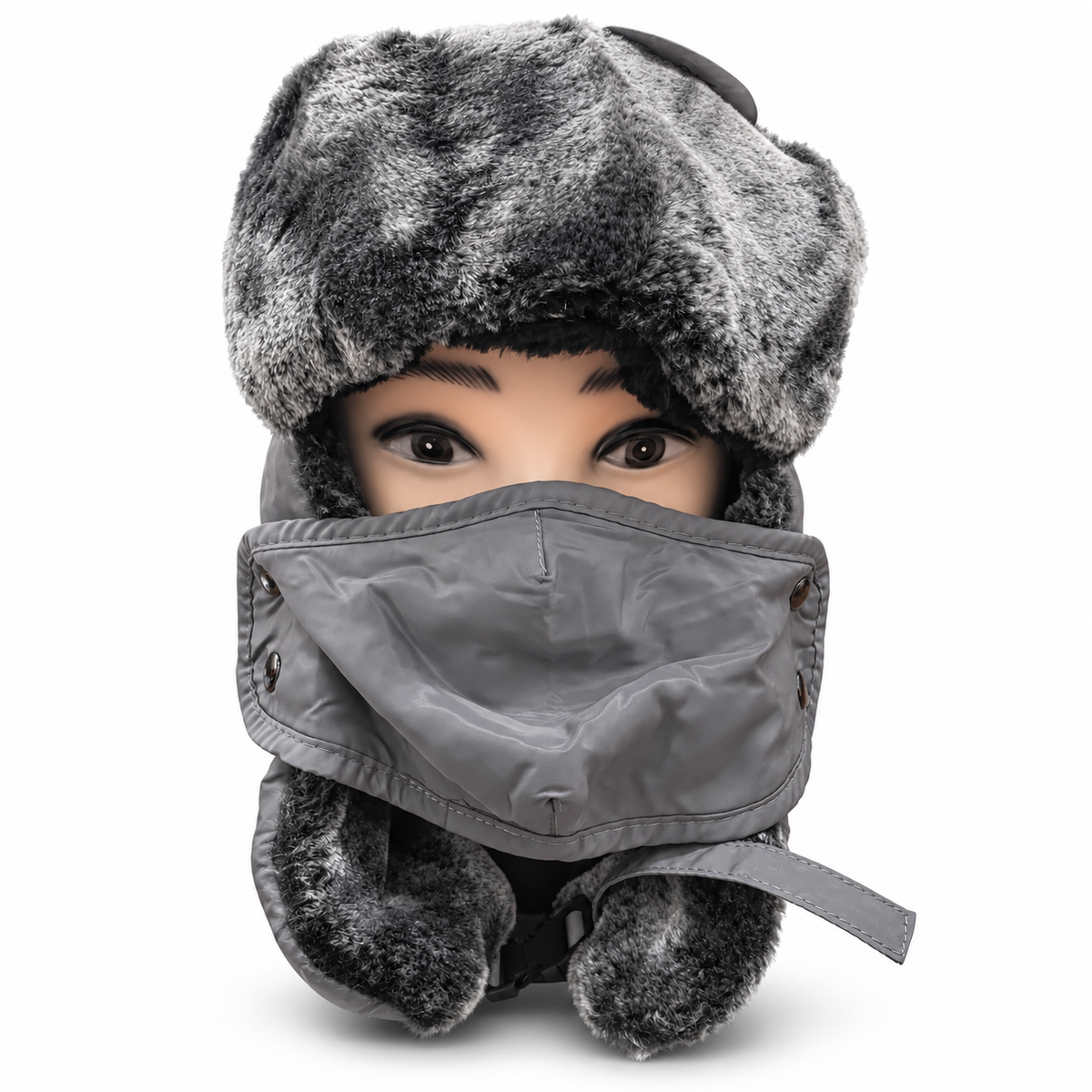 Gray ushanka hat with face covering and furry trim on a mannequin, front view