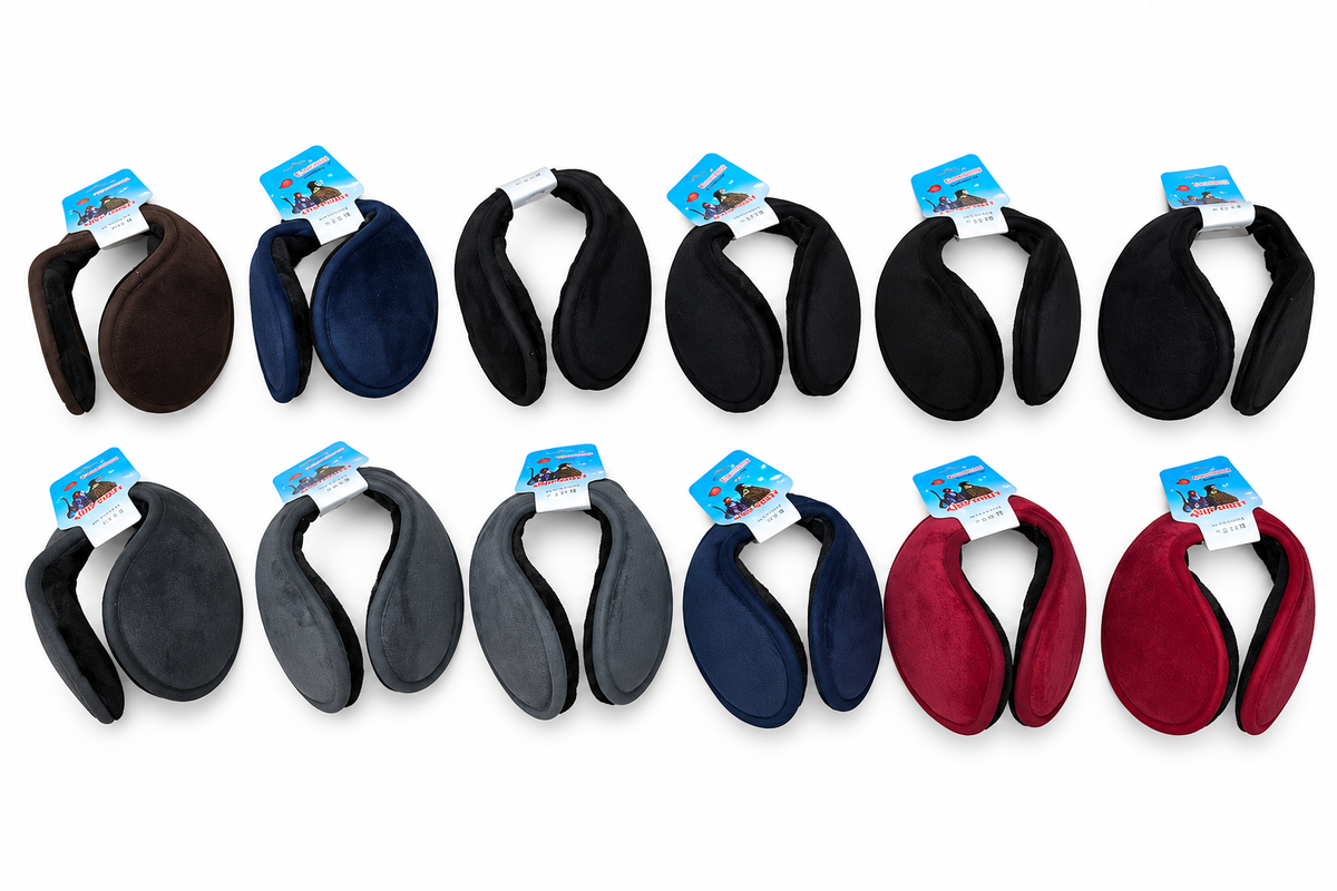 Twelve pairs of wraparound earmuffs in assorted colors on a white background