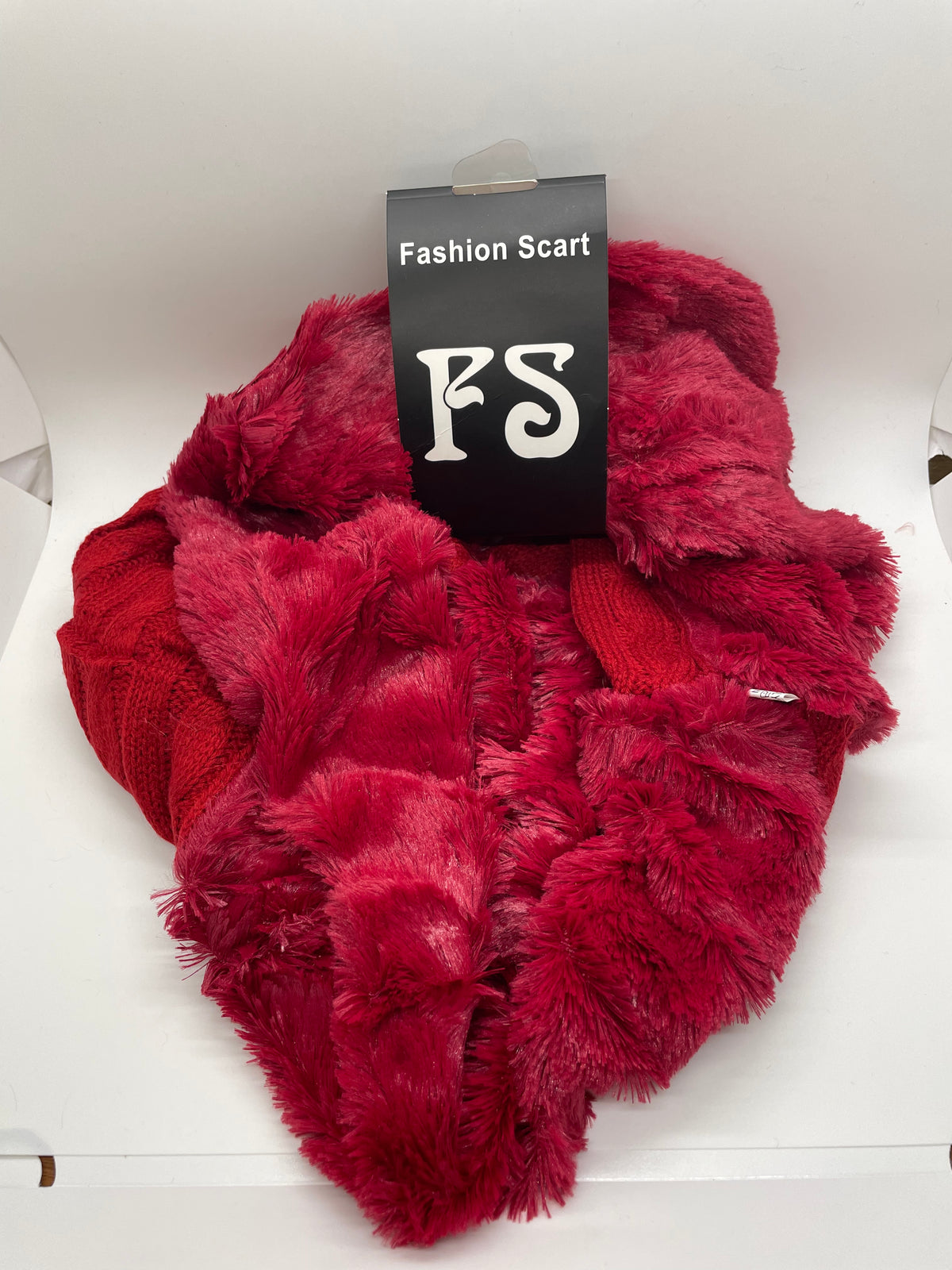 Red infinity scarf with contrasting textures