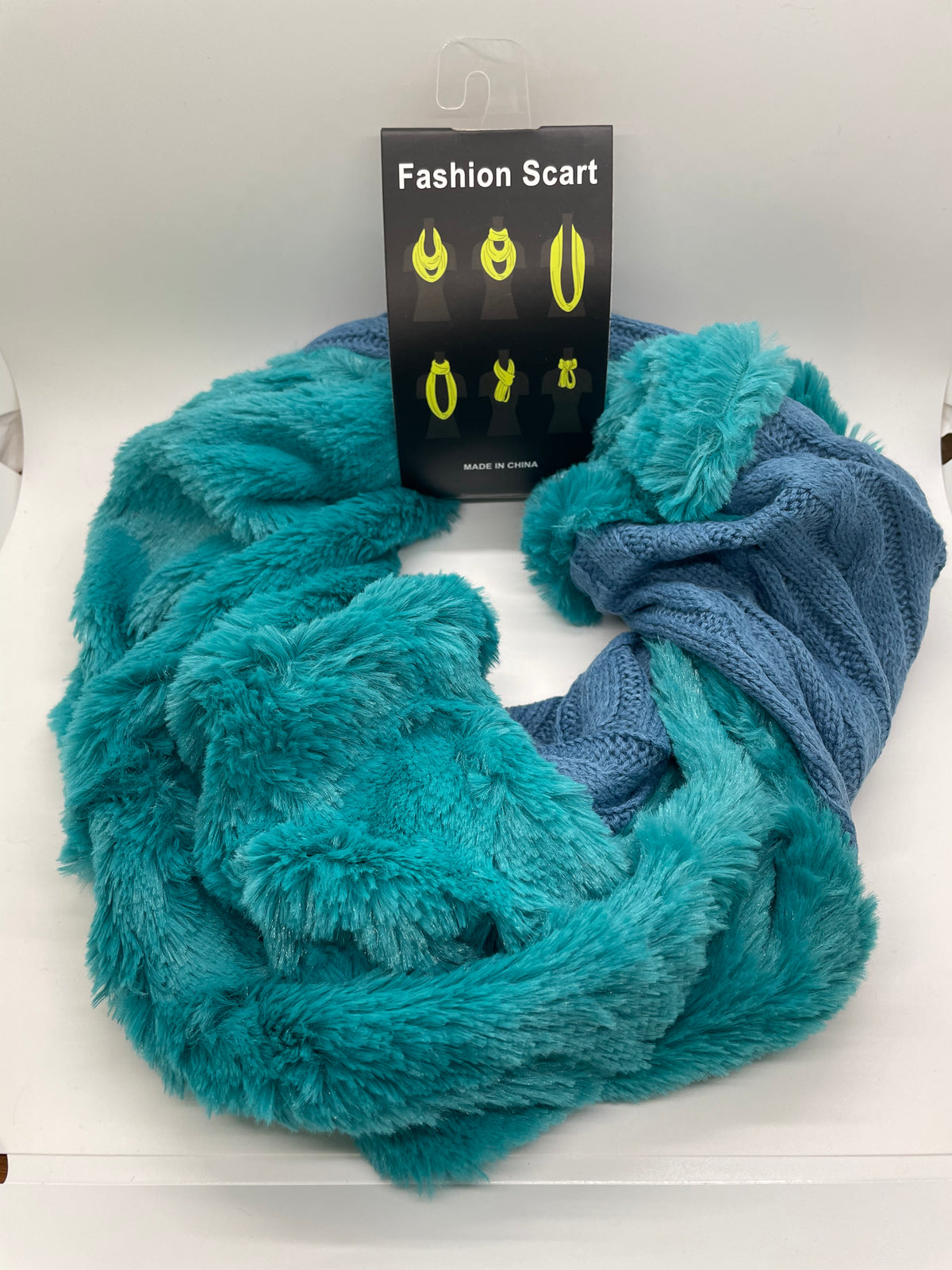 Turquoise and blue infinity scarf with contrasting textures