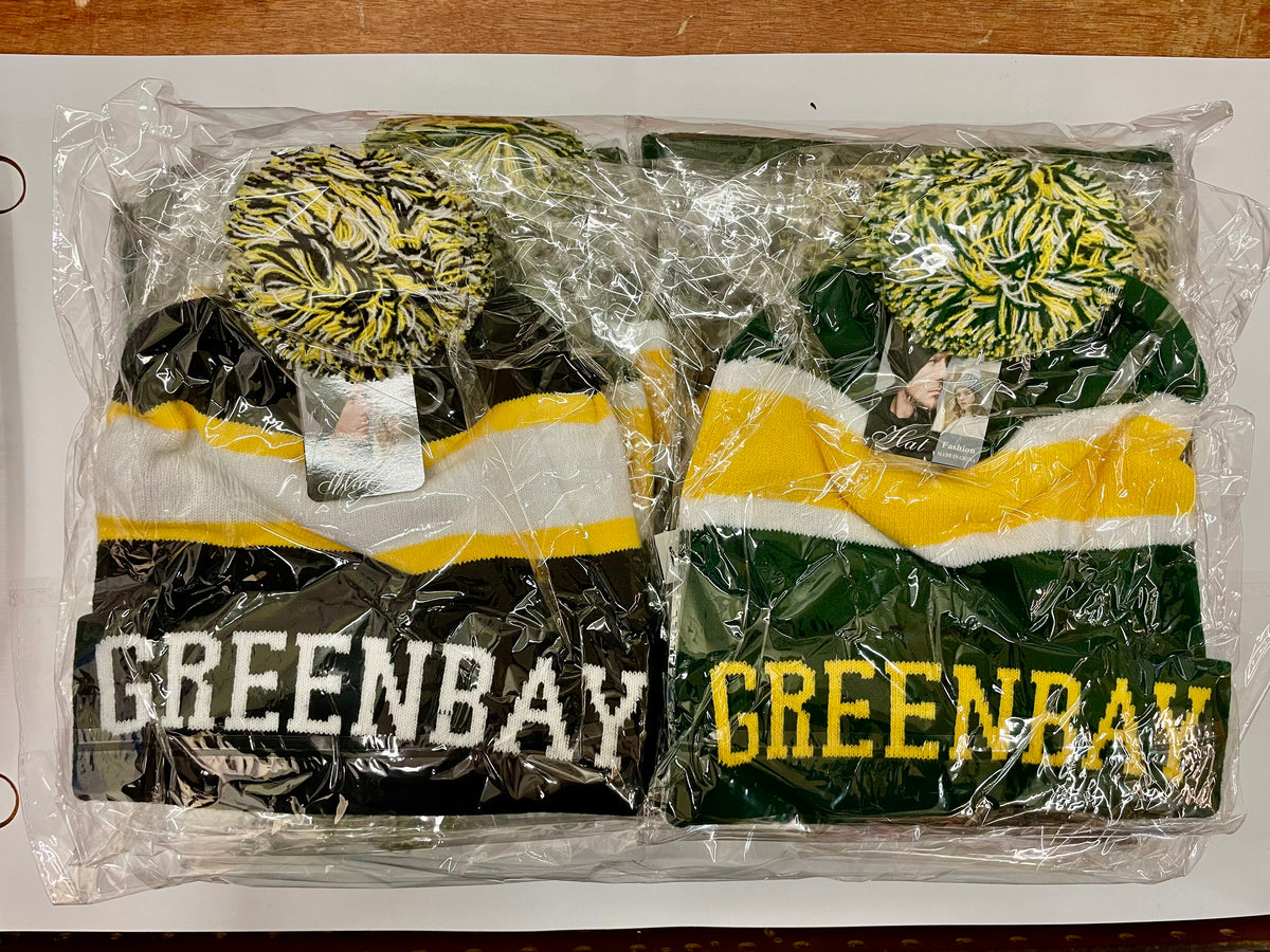 Green Bay green and yellow pom-pom beanies