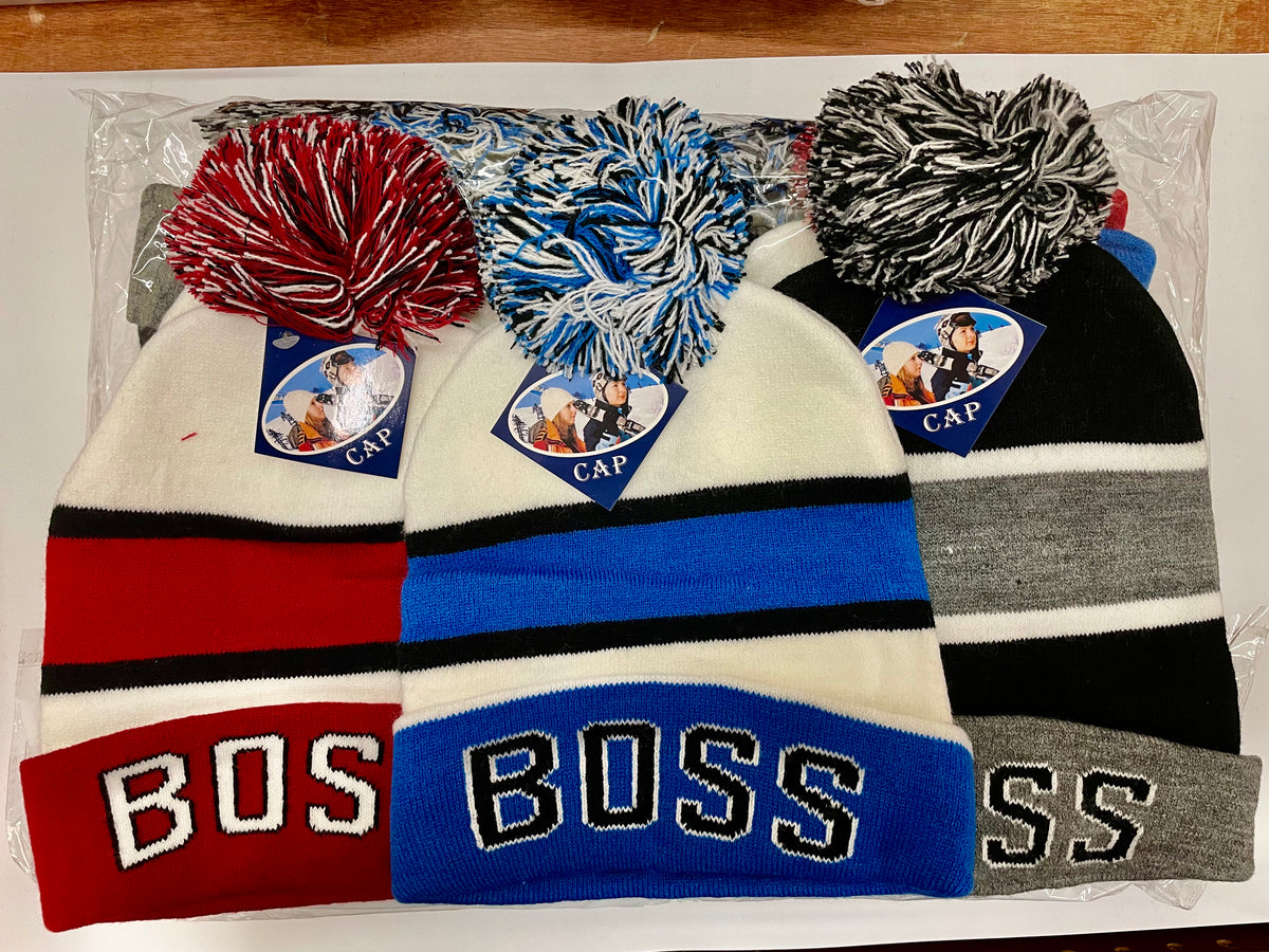 Striped Boss pom-pom beanies in several colors