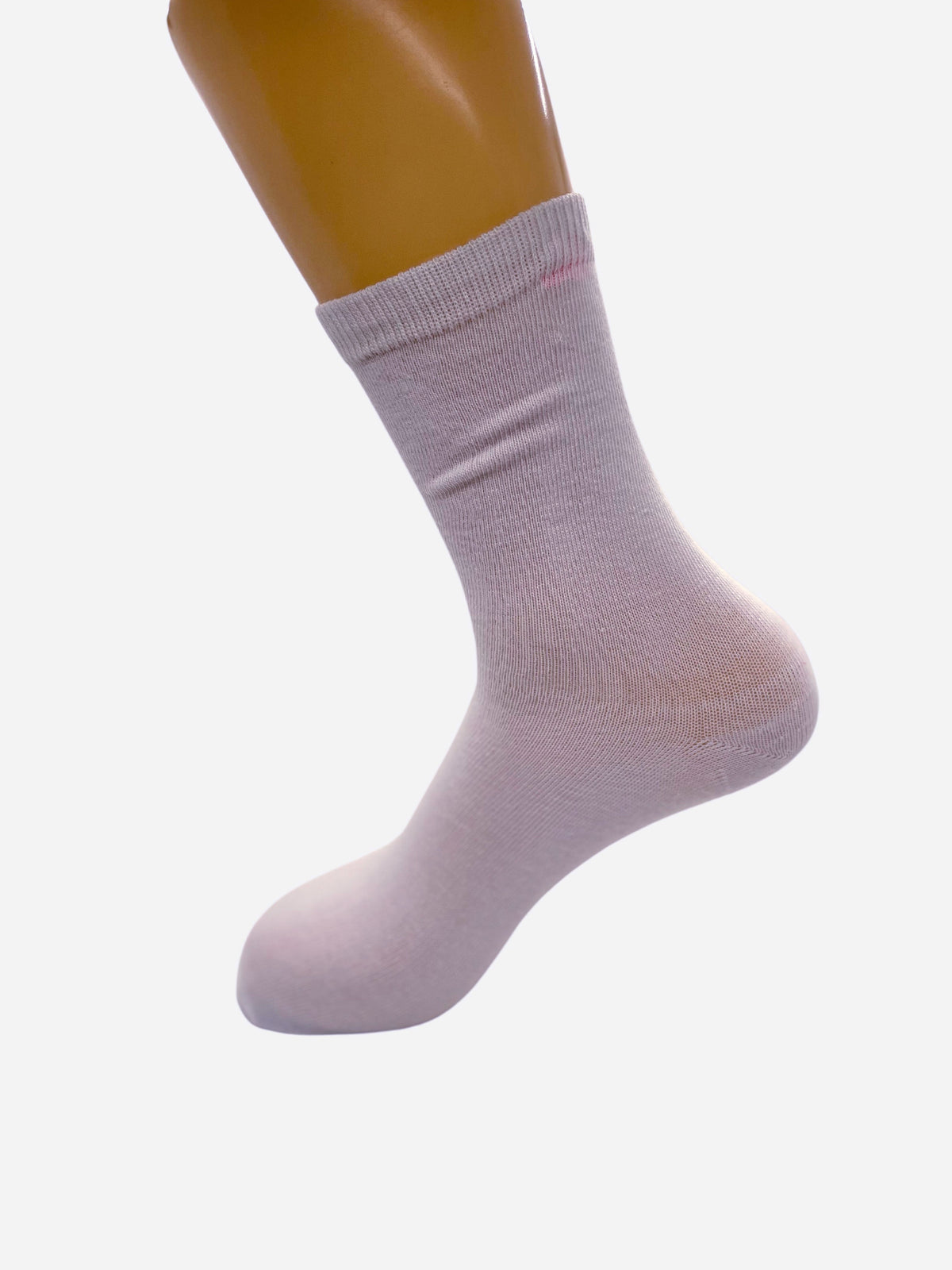 White women’s crew sock on a foot form