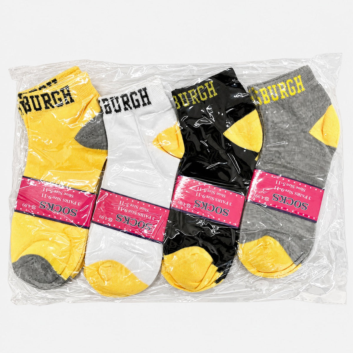 Packaged women’s Pittsburgh ankle socks in black, white, gray and yellow