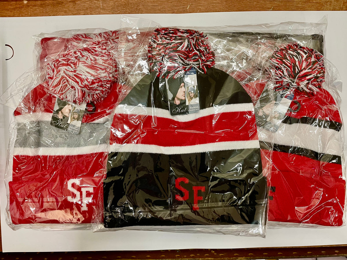 SF red and black pom-pom beanies