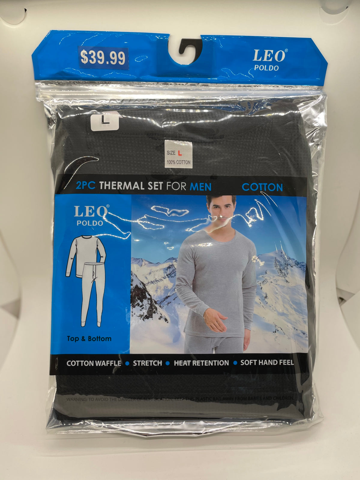 Black men's thermal underwear in retail packaging