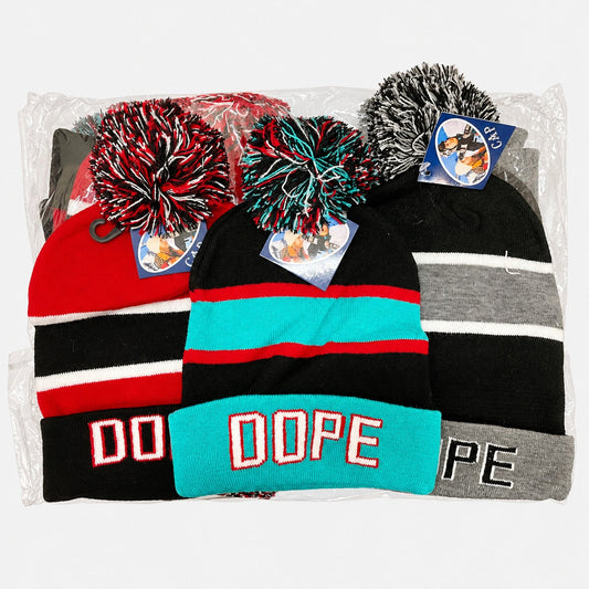 Striped Dope pom-pom beanies in several color combinations