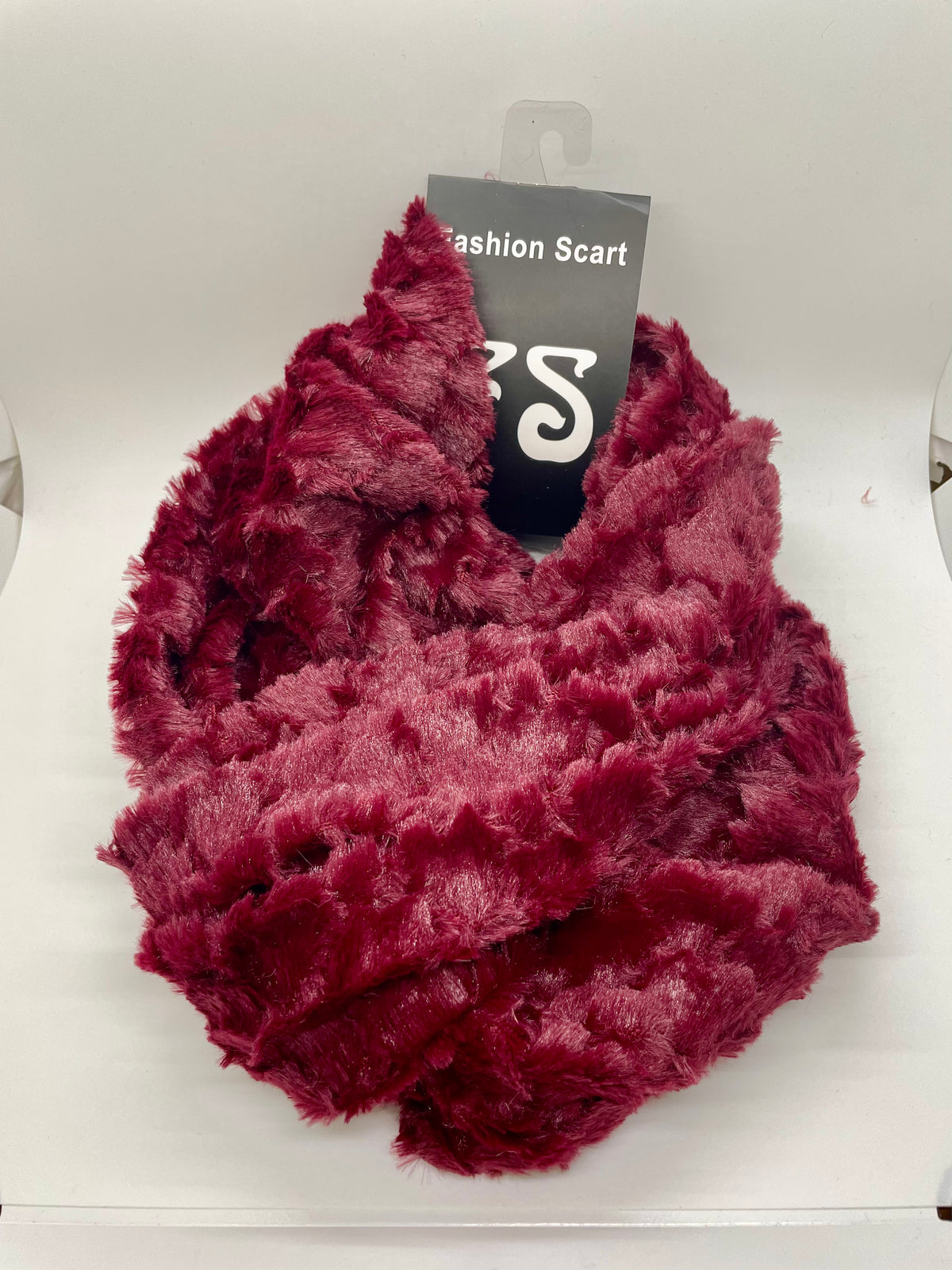 Burgundy plush-textured infinity scarf