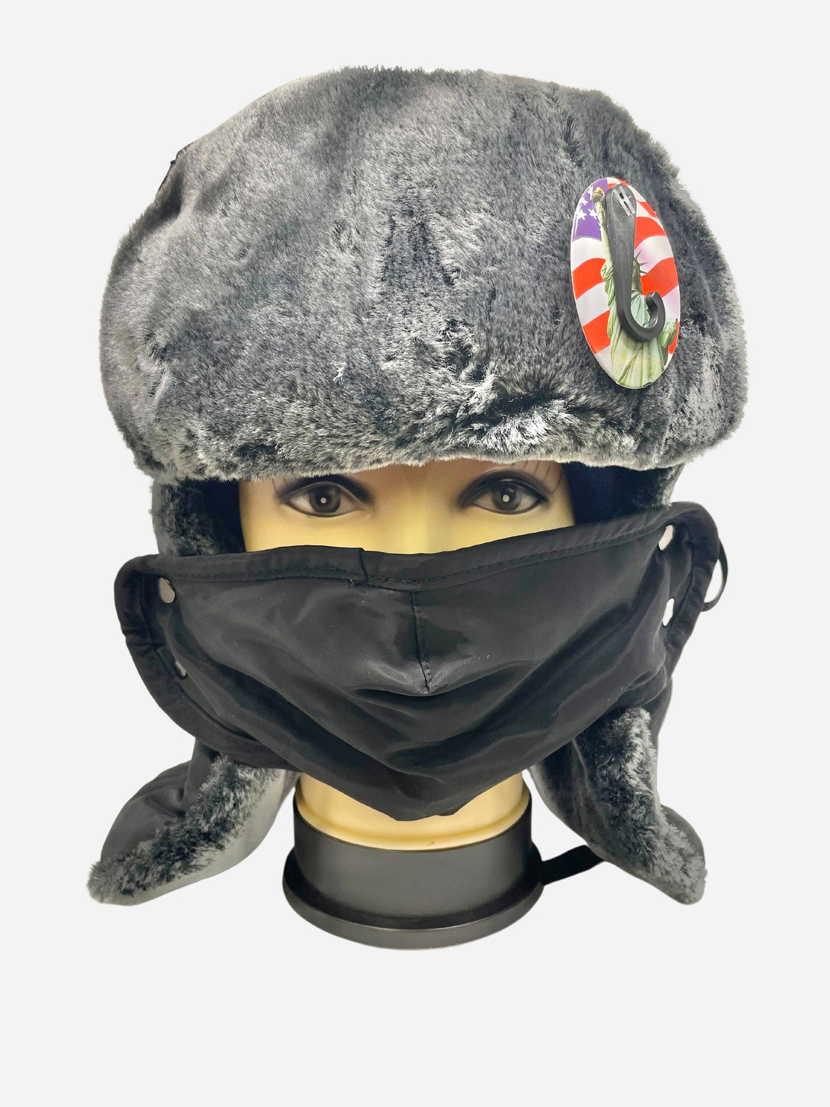 Ushanka hat with furry trim and black face covering on a mannequin