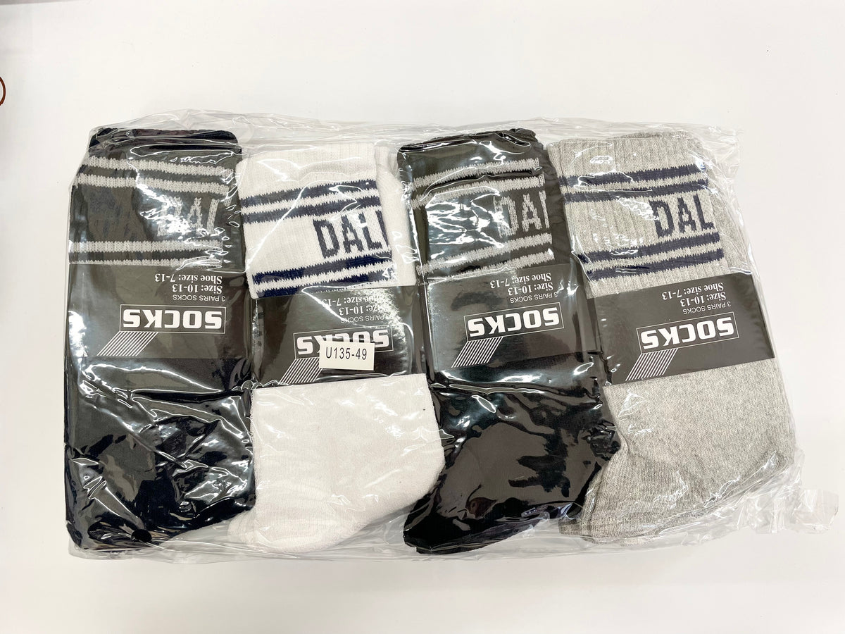 Packaged men’s Dallas crew socks with contrasting stripes