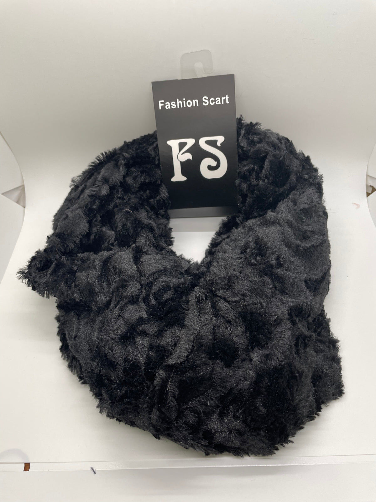 Black plush-textured infinity scarf