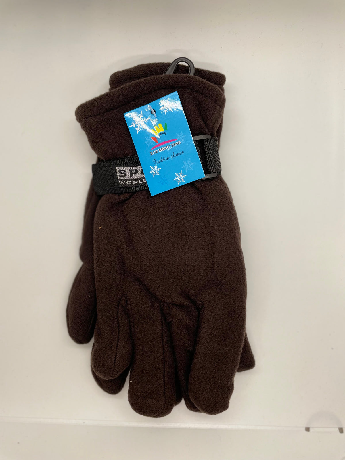 Brown winter gloves with wrist straps