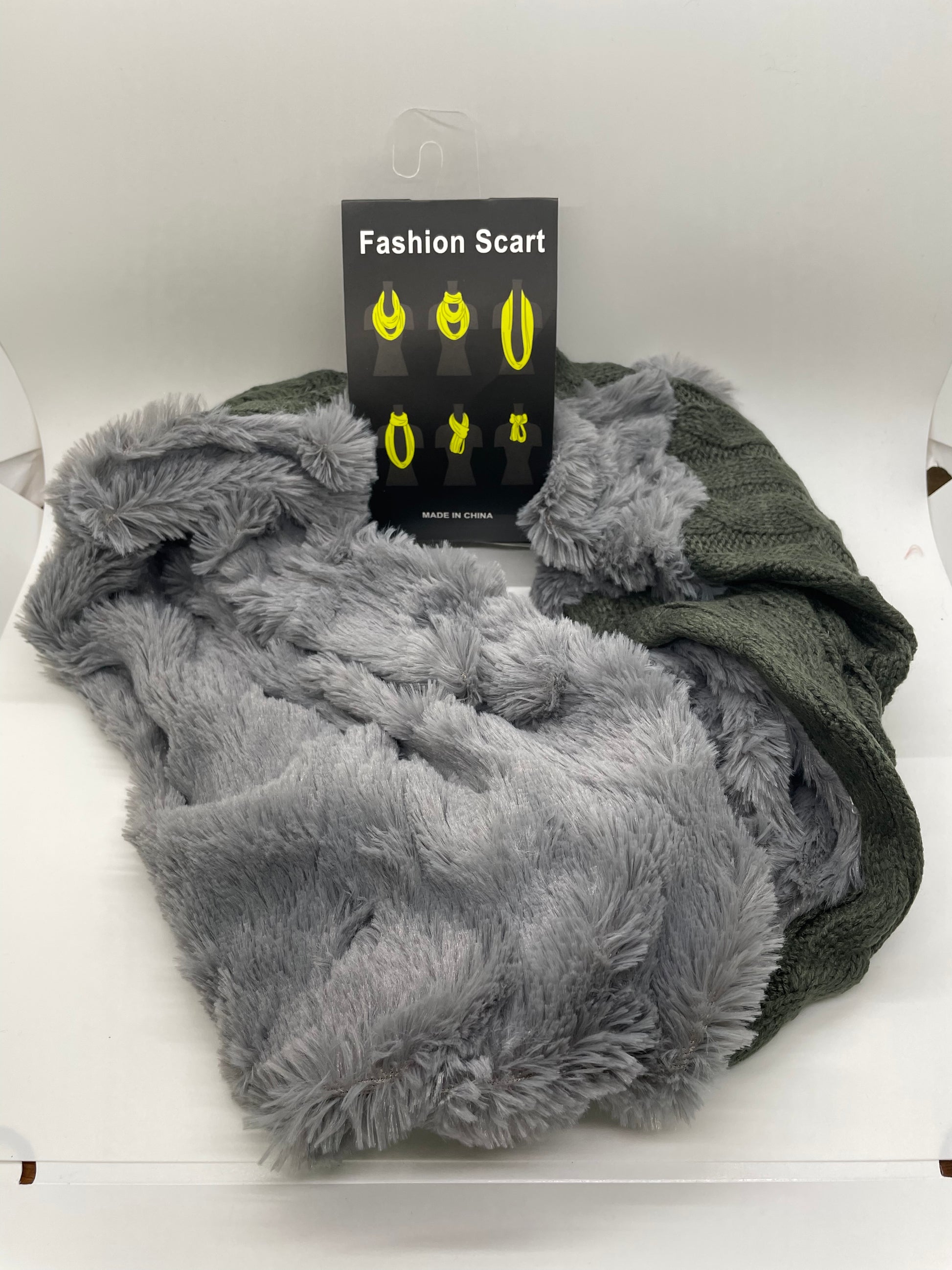 Gray braided infinity scarf with a twisted braid design