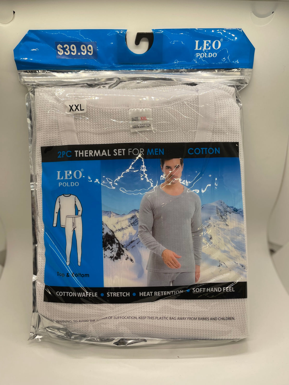 White men's thermal underwear in retail packaging