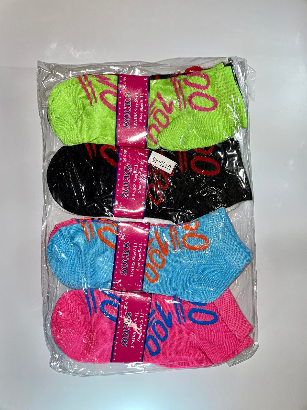 Packaged women’s ankle socks with 100 designs