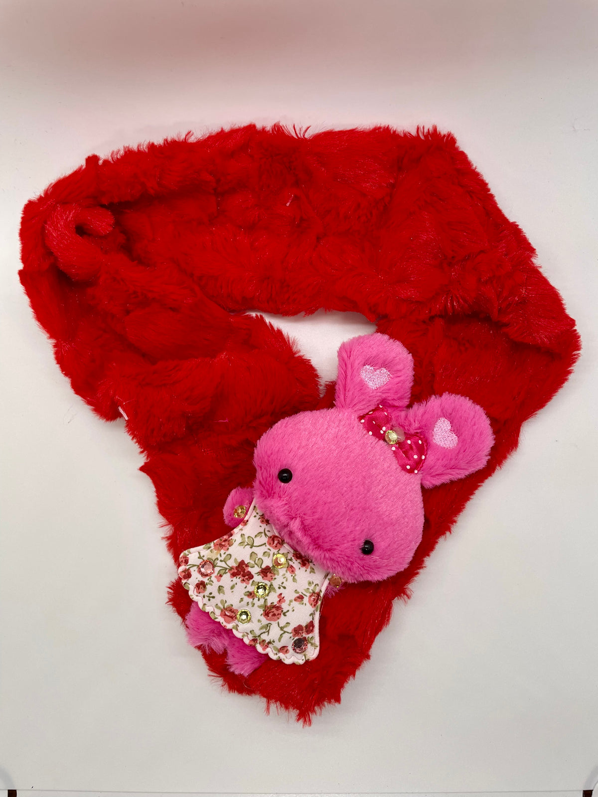 Red plush scarf with pink rabbit decoration