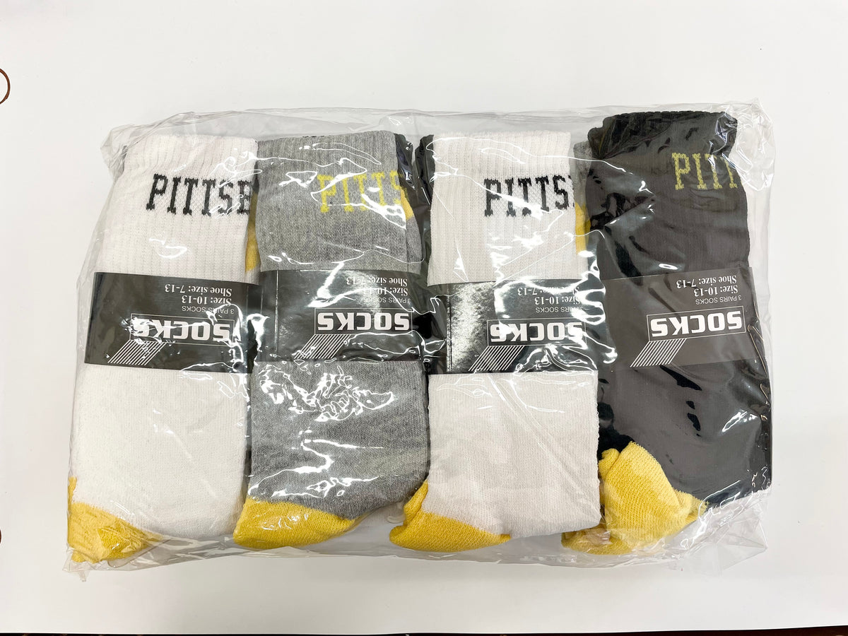 Packaged men’s Pittsburgh crew socks in black, white and gray